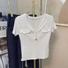 Dames t shirts pure specerijen meisje v-neck draad schouder t-shirt vrouwen korte mouw pocket top 2024 zomer slanke mom mom