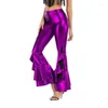 Pantaloni da donna Donne Shiny Flare Parelle Laser Metallic Wetlook Ruffle largo gamba a campana magro