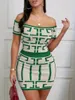 Sexy Geometric Print Twopiece Set Off Shoulder Short Sleeve Top High Waist Slim Skirt Outfits Womens Clothing 240410
