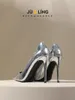 Dress Shoes 10CM Silver Pumps For Summer Spring Bright Patent Leather Thin Heels Women Pointed Toe Sandals Wedding Bride