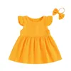 Mädchenkleider weiches Baumwoll -Babykleid für Mädchen Prinzessin Ärmel Solid Farbe kleiner Sommer Kleinkindkleidung mit Stirnband