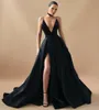 Sexy Long Black Satin Spaghetti Evening Dresses with Pockets/Slit A-Line Deep V-Neck Sweep Train Prom Party Dress for Women