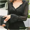 Podstawowe sukienki swobodne Czarna szyfonowa koszula Lady Ol Striped y patrz przez żeńską rękaw Elegancki biuro top bluzka T08202R 220518 DR DHK89