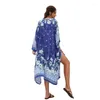 Vrouwen zomer 3/4 mouw kimono zwempak bedek bloemen geprinte open voorkant losse vesten sjaal strandjurk met riem