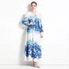 Casual Dresses Fashion Spring Fall Women's Clothing Vintage Puff Sleeve V-Neck Maxi Dress Blue Print Elastic Waist Holiday Vacation Robes