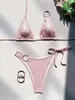 Swimwear Women Sexy Ring Shinny Pink Metallic paillettes Micro Bikinis sets deux pièces à cravate licou string de maillot de bain plage de baignade