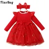 Girl Dresses Toddler Girls Birthday Party Dress Abito a maniche lunghe a costola a maglieria floreale in mesh tulle con fascia per la serata