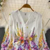 Designer Women Witte bloemen Korte V-Neck afdrukken Knop Down Mini Flowy Dresses Shirt Ladies Lange Mouw A-Line Resort Beach Casual Party Tail Clothing 2024