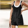 Womens Jumpsuits Rompers Women Cotton Linen Short Romper Summer Strappy Straight Playsuits 2021 Casual Buttons Loose Ladies Big Pocket Dhogw