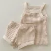 Shorts Newborn Baby Girl Fashion Plaid Sling Cool Tops Allmatch Sleeveless Tshirt And Toddler Boy Soft Cotton Shorts 2pc Set