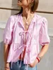 Women's Blouses Tie Open Front Peplum Blouse For Women Y2k Puff Short Sleeve Ruffle Hem Tops Cute Teen Girl Lace Up Shirt Aesthetic