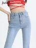 Kadınlar Kot Hafif Mavi İnce Yüksek Bel Büyü Renk Dot Moda Şık Kadın Sokak Giyim Basit Parlama Pantolonları Düğme Zipper