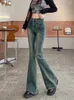 Jeans femininos Cantura alta primavera retro longa calça de calça elástica e elástica de moda de moda Bell Bottom Troushers Mulher plissada de estilo coreano