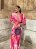 Elegant Tye Die Print Pleated Bodycon Maxi Dres Vintage Long Sleeve Vneck Aline Dresses 2024 Ladies Holiday Party Robes 240419