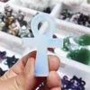 Decorative Figurines Natural Opal Crystal Stone Anka Cross Egyptian Ankh Life Symbol Hand Carved Crafts Protection Healing