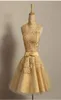 Charmante Homecoming -jurken Gold Lace High Neck Mouwloos met Bow Taille Short Prom Jurk Cocktail Party -jurken3737670