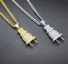 Iced Out Bling Men Micro Pave Full Rhinestone Plug Pendant Necklace Gold Silver Plated Charm Cuban Chain Hip Hop Jewelry261G8574232