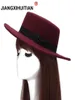 New Wool Boater Flat Top Hat For Women039s Felt Wide Brim Fedora Hat Laday Prok Pie Chapeu de Feltro Bowler Gambler Top5154558