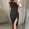 Casual Dresses Women Off Shoulder Bodycon Dress Glitter High Slit Black/Red/Gray Mid Female Elegant Formal Evening Party Vestidos