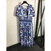 Leisure Womens Blue and White Porcelain Printed Pattern with Waist Wrap Round Neck Short Sleeves Medium Length Dress