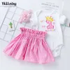 Girls 'Summer Dress Baby One Year Old Short Sleeve Sweetheart Cartoon Embroidery Letter Wrapped Fart Coat Plaid Half kjol