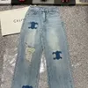 Designer Ce24ss New Watercolor Printed Distressed Design Denim Pants With Embroidered Back