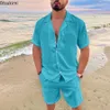 2024 set di lino di cotone estivo da uomo SET e pantaloncini a maniche corte solide set di abbigliamento per le vacanze da spiaggia hawaiane 240403