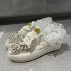 Casual Shoes Crystals Butterfly Sneakers 3cm Platform Flats Canvas Hand Made Spets Flowers Light Rhinestone Women Vulkanised