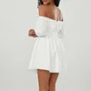 Casual Dresses 2024 Women Sweet Mini Dress Short Sleeve Off-shoulder Tie-up Solid Summer A-line