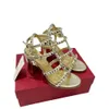 24 Summer V Family Slim Ankle Hook Buckle with Naked Paint Leather Thick Heel Sandals Versatile Sexy Rivet High Heels