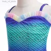 Girl's Dresses Girls Dress 2024 NYTT Summer Mesh Mermaid Costume Girl Suspender Fish Tail Swimming Two-Piece Set Carnival Costume T240415