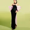 Elegant Long Black&Pink Crepe Evening Dresses With Bow Sheath Sleeveless/Slit Floor Length Zipper Back Prom Dresses Robe De Soiree Formal Party Gown for Women