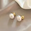 French Elegant Gold Color Bean Spliced Flat Pearl Earrings for Fashion Jewelry Party Womens Sweet 240403