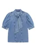 Traf Summer Women Denim Shirt Bow Karot Half Puff Rleeve i retro spódnica Cape Street Suit 240415