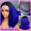 Malásia peruviano brasileiro 1b azul reto 13x4 peruca frontal transparente de renda 100% Remy Remy Cabelo humano