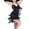 Scene Wear Woman paljett Tassel Latin Dancing Dress Sexig paljett Sling Halter Cha Tango Bollywood kjol Performance