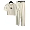 Pure Cotton Casual Set with Metal Letter Decoration Off the Waist Short Sleeved T-shirt+elastic High Wide Leg Pants