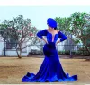 2024 Royal Blue 3/4 Long Sleeves Evening Dresses Sheer Neck Illusion Plunging Mermaid Sweep Train Custom Made Plus Size Prom Party Gowns