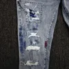 Heren jeans paarse high street verf vervaagde indigo reparatie laag stijgende magere vernietigingswas druppel fabrieksprijs