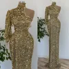 2024 Gold Prom Kleider für schwarze Frauen hoher Nacken mit einer Schulterspitze Illusion Side Split Perlen Quasten Geburtstagsparty Kleid zweite Empfangskleider Am568