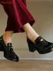 Casual Shoes Square Toe Chunky Heel Pumps Solid Black Patent Leather Metal Decoration Platform Slip On Sewing Spring Concise