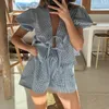 Damen-Trailsuiten Y2K Vintage Plaid Outfit elegant losen V-Nacken-Puff-Schmelze Binde-UP-Bluse Tops Shorts Frauen 2-teilige Lounge Matching