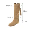Boots 2024 Cow Suede Leather Winter Cool Ladies Lace Up Knee High Square Med Heels Western