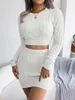 Women's T Shirts Women Fall 2 Pieces Outfits Solid Color Twist Knitted Round Neck Long Sleeve Cropped Sweater Wrapped Hip Mini Skirts Set