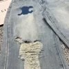 CE24SS Nouveau pantalon denim de conception en détresse imprimée à l'aquarelle avec dos brodé