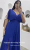 Robes de fête Huitiale plus taille bleue Robe de soirée pour le mariage en mousseline en V V longueur de sol arabe Robes de bal de bal avec