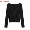 Women's T Shirts Y2K Sexy Bow Lace V-Neck Long Sleeve T-Shirt Women Spring Tight Spice Short Bottom Tops