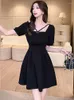 Casual Dresses Summer Black Short Sleeve Bandage Square Collar Dress Women Korean Vintage Festival 2024 Fashion Elegant Party