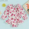 One-Pieces 6M-4T toddler girl Rush protective swimsuit jumpsuit long sleeved floral/cartoon printed childrens pleated edge swimsuit Y240412