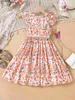 Girl's Dresses Girls Summer New Product Big Childrens Dress With Small Flying Sleeves Design For Leisure Vacation Style Flower Print Dress Y240415